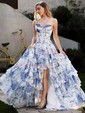 Ball Gown Strapless Satin Chiffon Floral Tiered Prom Dresses