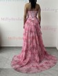 Ball Gown Strapless Satin Chiffon Floral Tiered Prom Dresses