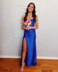 Sheath/Column V-neck Satin Beaded Prom Dresses With Ruched