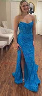 Sheath/Column Strapless Lace Prom Dresses With Ruched