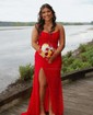 Sheath/Column Strapless Lace Prom Dresses With Ruched