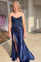Sheath/Column Strapless Satin Beaded Prom Dresses With Ruched