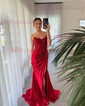 Sheath/Column V-neck Satin Beaded Prom Dresses With Ruched
