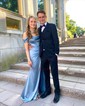 Sheath/Column Off-the-shoulder Silk-like Satin Floor-length Prom Dresses With Ruched