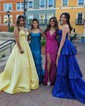 Mermaid V-neck Satin Tiered Prom Dresses With Beading