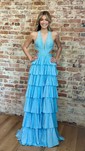 Ball Gown V-neck Satin Tiered Prom Dresses With Beading
