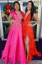 Ball Gown V-neck Satin Tiered Prom Dresses With Beading