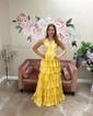 Ball Gown V-neck Satin Tiered Prom Dresses With Beading