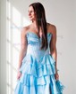 Ball Gown Strapless Satin Chiffon Tiered Prom Dresses With Appliques
