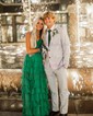 Ball Gown Strapless Chiffon Tiered Prom Dresses With Appliques