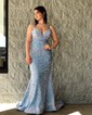 Mermaid V-neck Sparkly Velvet Sequin Backless Prom Dresses