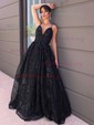 Black Ball Gown V-neck Lace Sparkly Prom Dresses With Ruched