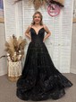 Black Ball Gown V-neck Lace Sparkly Prom Dresses With Ruched