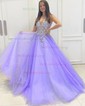 Ball Gown V-neck Floor-length Tulle Prom Dresses With Beading