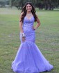 Mermaid V-neck Tulle Prom Dresses With Appliques