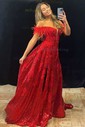 Ball Gown V-neck Sparkly Sequin Prom Dresses With Appliques