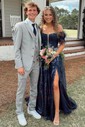 Ball Gown V-neck Sparkly Sequin Prom Dresses With Appliques