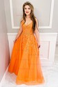Ball Gown V-neck Tulle Sparkly Prom Dresses With Appliques