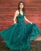 Ball Gown V-neck Tulle Sparkly Prom Dresses With Appliques