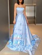 Sky Blue Ball Gown Strapless Satin 3D Floral Prom Dresses