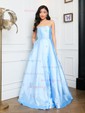 Sky Blue Ball Gown Strapless Satin 3D Floral Prom Dresses