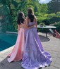 Sky Blue Ball Gown Strapless Satin 3D Floral Prom Dresses