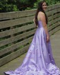 Sky Blue Ball Gown Strapless Satin 3D Floral Prom Dresses