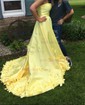 Sky Blue Ball Gown Strapless Satin 3D Floral Prom Dresses