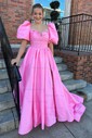 Ball Gown Square Neck Puff Sleeve Satin Prom Dresses With Ruched