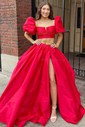 Ball Gown Square Neck Satin Two Piece Prom Dresses With Puff Sleeve