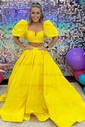Ball Gown Square Neck Satin Two Piece Prom Dresses With Puff Sleeve