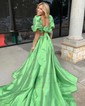 Ball Gown Square Neck Satin Two Piece Prom Dresses With Puff Sleeve