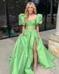 Ball Gown Square Neck Satin Two Piece Prom Dresses With Puff Sleeve