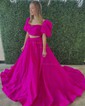 Ball Gown Square Neck Satin Two Piece Prom Dresses With Puff Sleeve