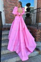 Ball Gown Square Neck Satin Two Piece Prom Dresses With Puff Sleeve