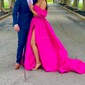 Ball Gown Square Neck Satin Two Piece Prom Dresses With Puff Sleeve