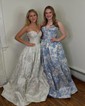 Ball Gown Strapless Satin Floral Prom Dresses With Ruched