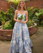 Ball Gown Strapless Satin Floral Prom Dresses With Ruched