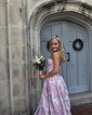 Ball Gown Strapless Satin Floral Prom Dresses With Ruched