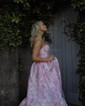 Ball Gown Strapless Satin Floral Prom Dresses With Ruched