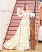 Ball Gown Sweetheart Satin Floral Prom Dresses With Puff Sleeve