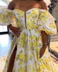 Ball Gown Sweetheart Satin Floral Prom Dresses With Puff Sleeve