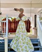 Ball Gown Sweetheart Satin Floral Prom Dresses With Puff Sleeve