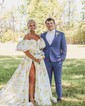 Ball Gown Sweetheart Satin Floral Prom Dresses With Puff Sleeve