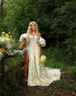 Ball Gown Sweetheart Satin Floral Prom Dresses With Puff Sleeve