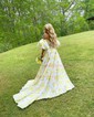 Ball Gown Sweetheart Satin Floral Prom Dresses With Puff Sleeve