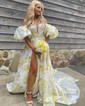 Ball Gown Sweetheart Satin Floral Prom Dresses With Puff Sleeve