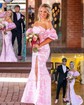 Mermaid Strapless Tulle Floral Prom Dresses With Puff Sleeve