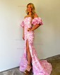 Mermaid Strapless Tulle Floral Prom Dresses With Puff Sleeve