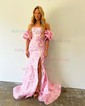 Mermaid Strapless Tulle Floral Prom Dresses With Puff Sleeve